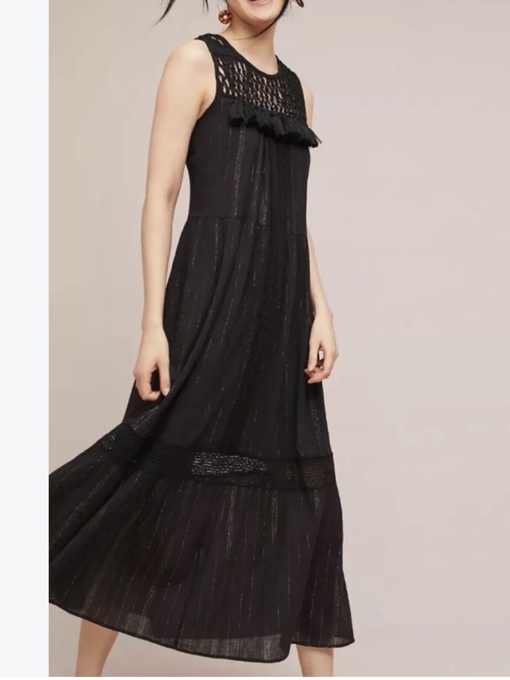 Anthropologie Maeve womans Black Gold Lurex Crochet Maxi Dress Size L